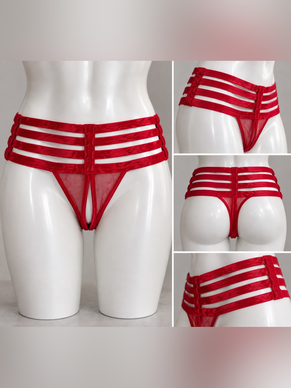 Frederick’s of Hollywood Seduction Red Strappy Crotchless Thong Panty M NWOT